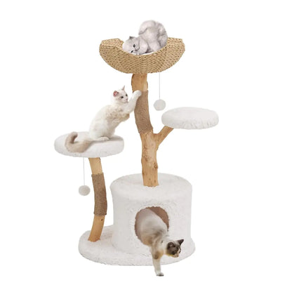Unipaws Cat Tree Tower for Large Cat Cat Tower for Indoor Cats Aesthetic Solid Wood Modern Cat Tree with Scratching Post Cat Scratch Tower with Cat Tree House Wooden Cat Climbing Tower White