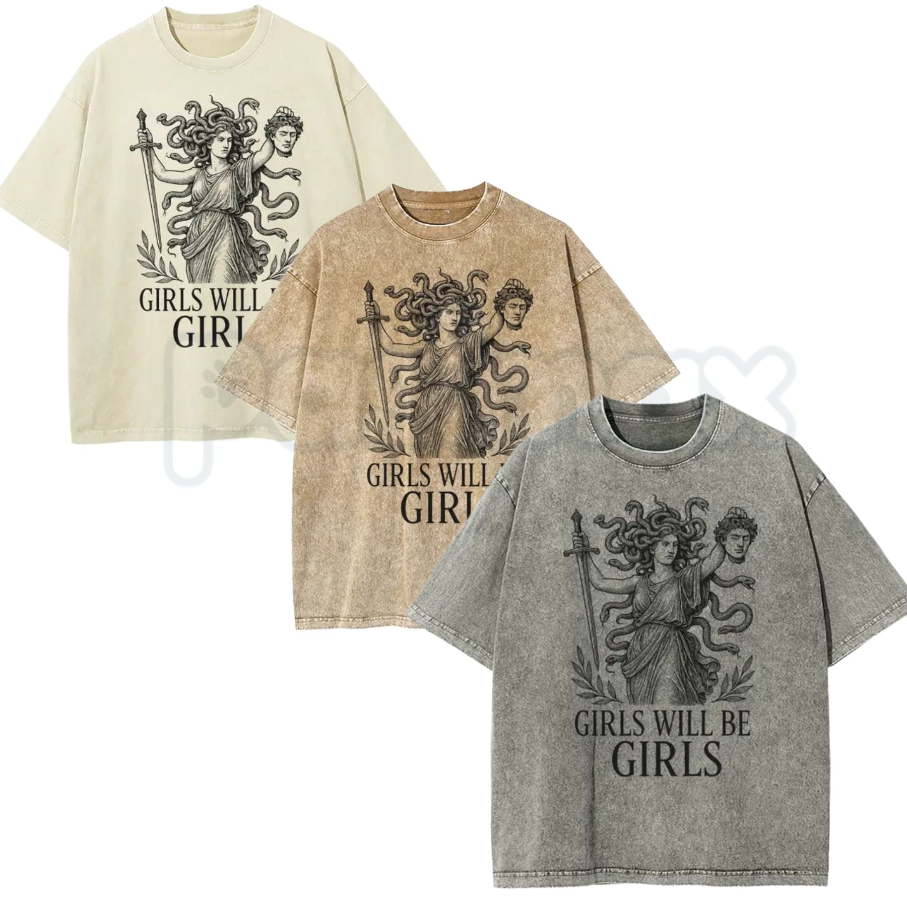 Girls Will Be Girls Medusa T-Shirt – Oversize Unisex Washed Graphic Tee, Lightweight Retro Greek Mythology Streetwear- Pasimax- {{Product type}}