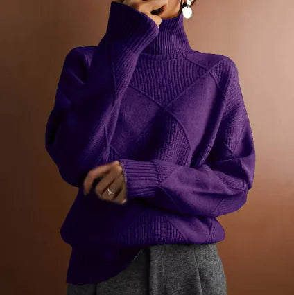 Loose High Collar Knitted Solid Color Sweater - Bright Violet L - Women's Fashion - Women's Clothing - Sweaters