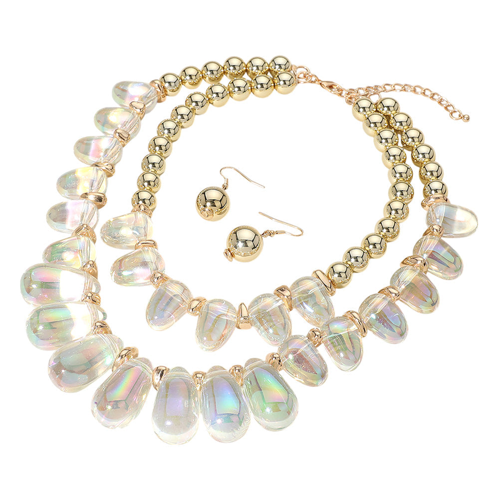 Chunky Beaded Double Layered Statement Necklace - Clear Gold - Necklace
