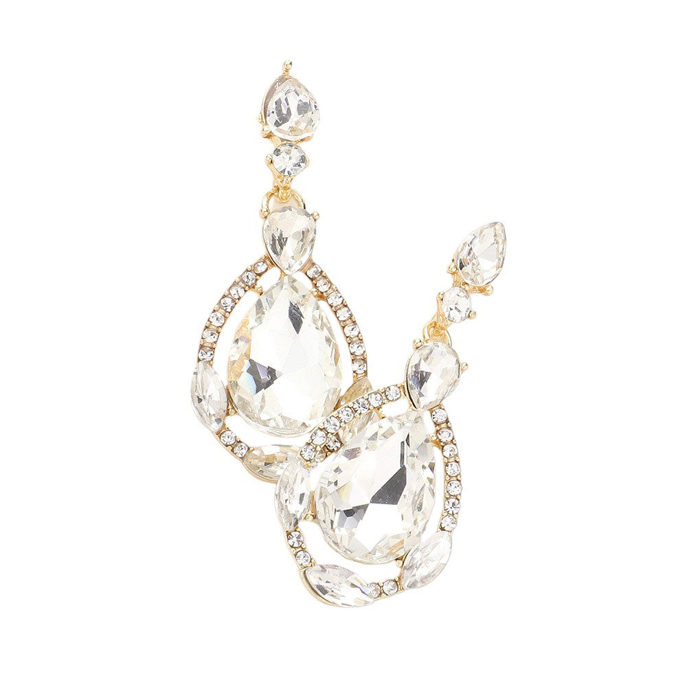 Crystal Rhinestone Teardrop Evening Earrings - Gold - Earrings