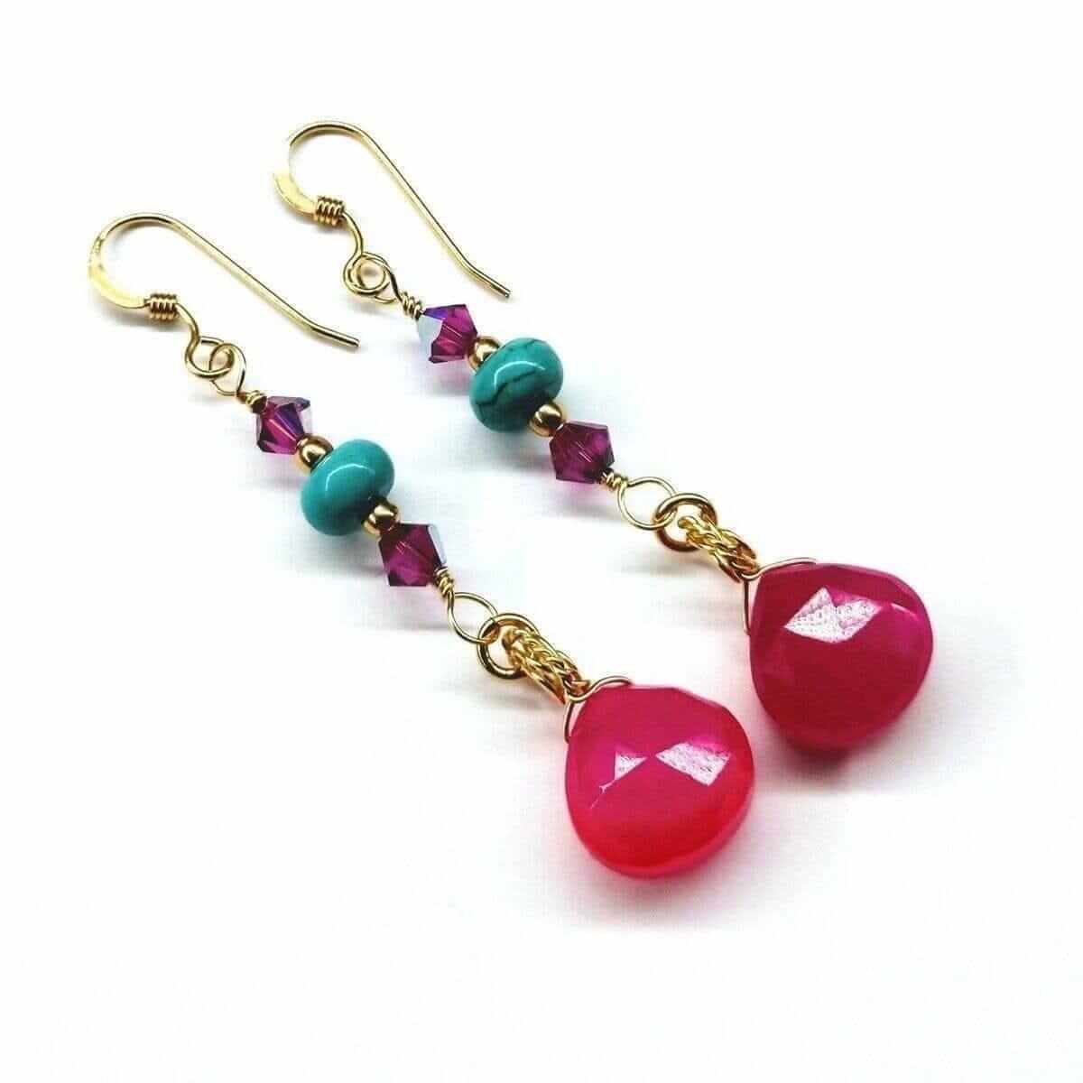 Gold Filled Wire Wrapped Pink Turquoise Gemstone Earrings - - Earrings