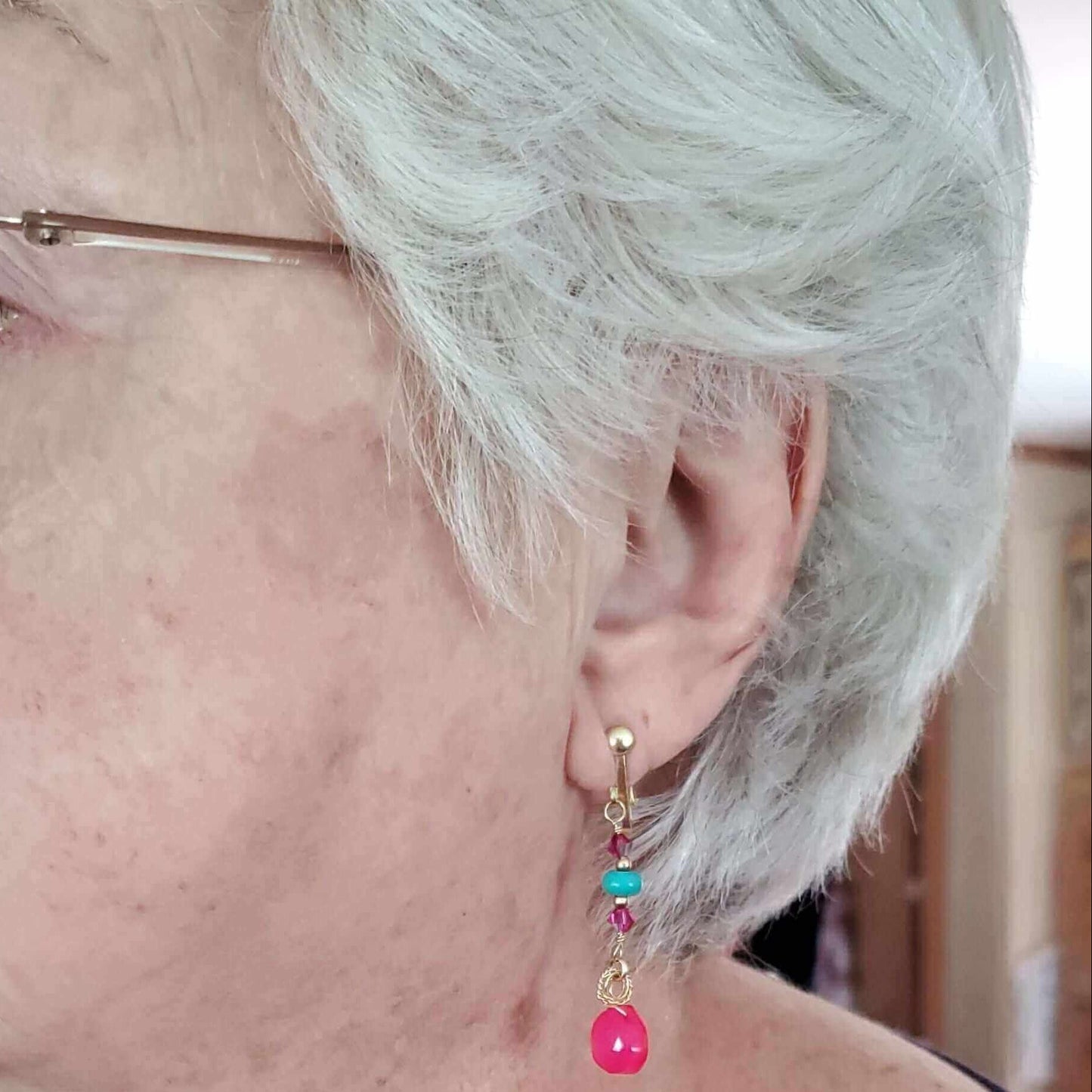 Gold Filled Wire Wrapped Pink Turquoise Gemstone Earrings - with Ear Clip - Earrings