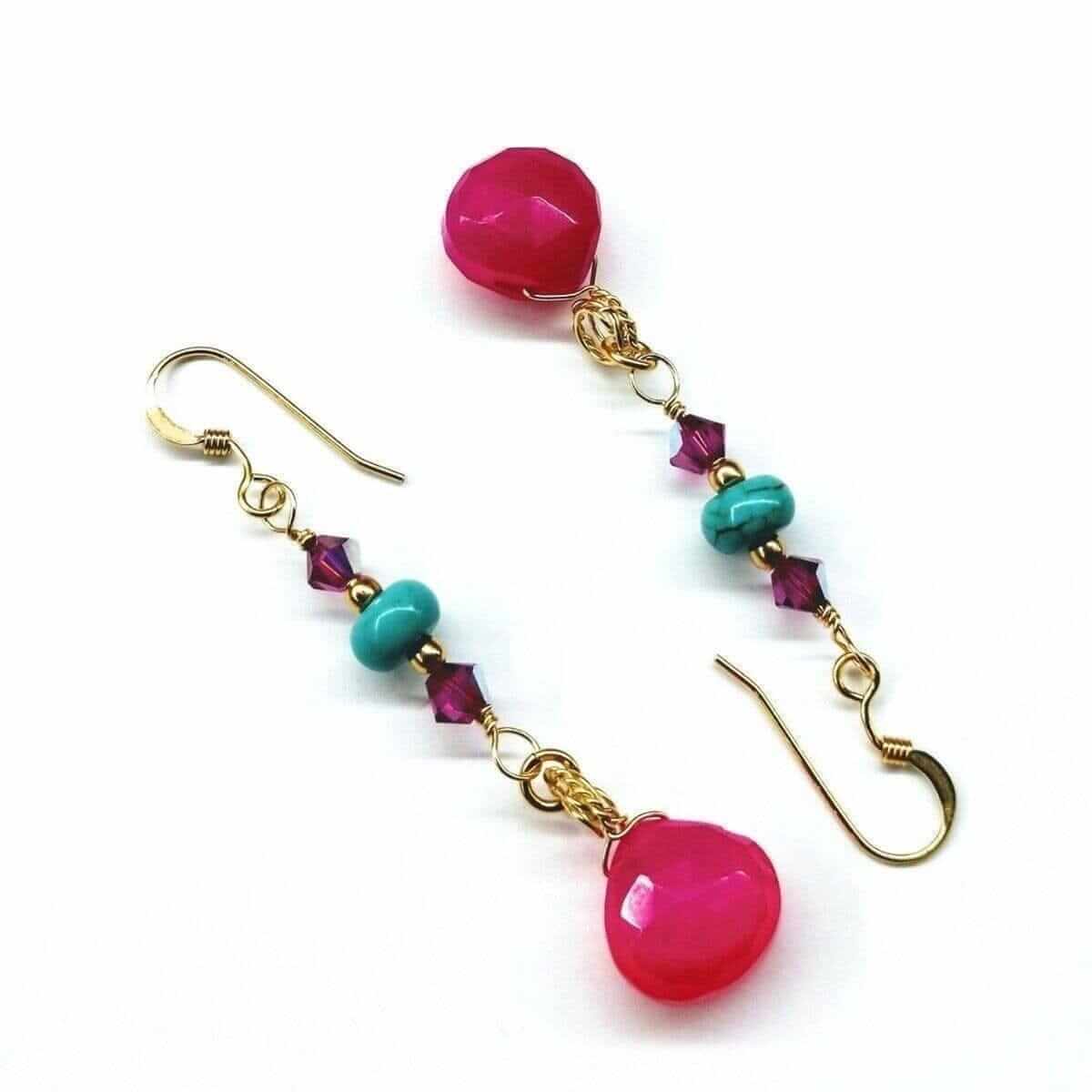 Gold Filled Wire Wrapped Pink Turquoise Gemstone Earrings - - Earrings
