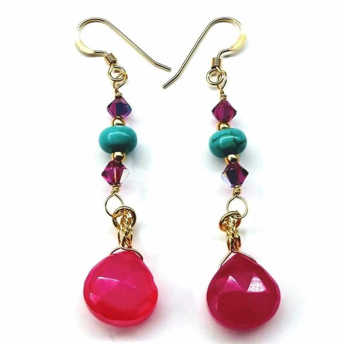 Gold Filled Wire Wrapped Pink Turquoise Gemstone Earrings - - Earrings