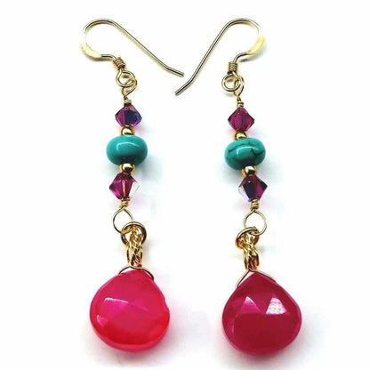 Gold Filled Wire Wrapped Pink Turquoise Gemstone Earrings - - Earrings