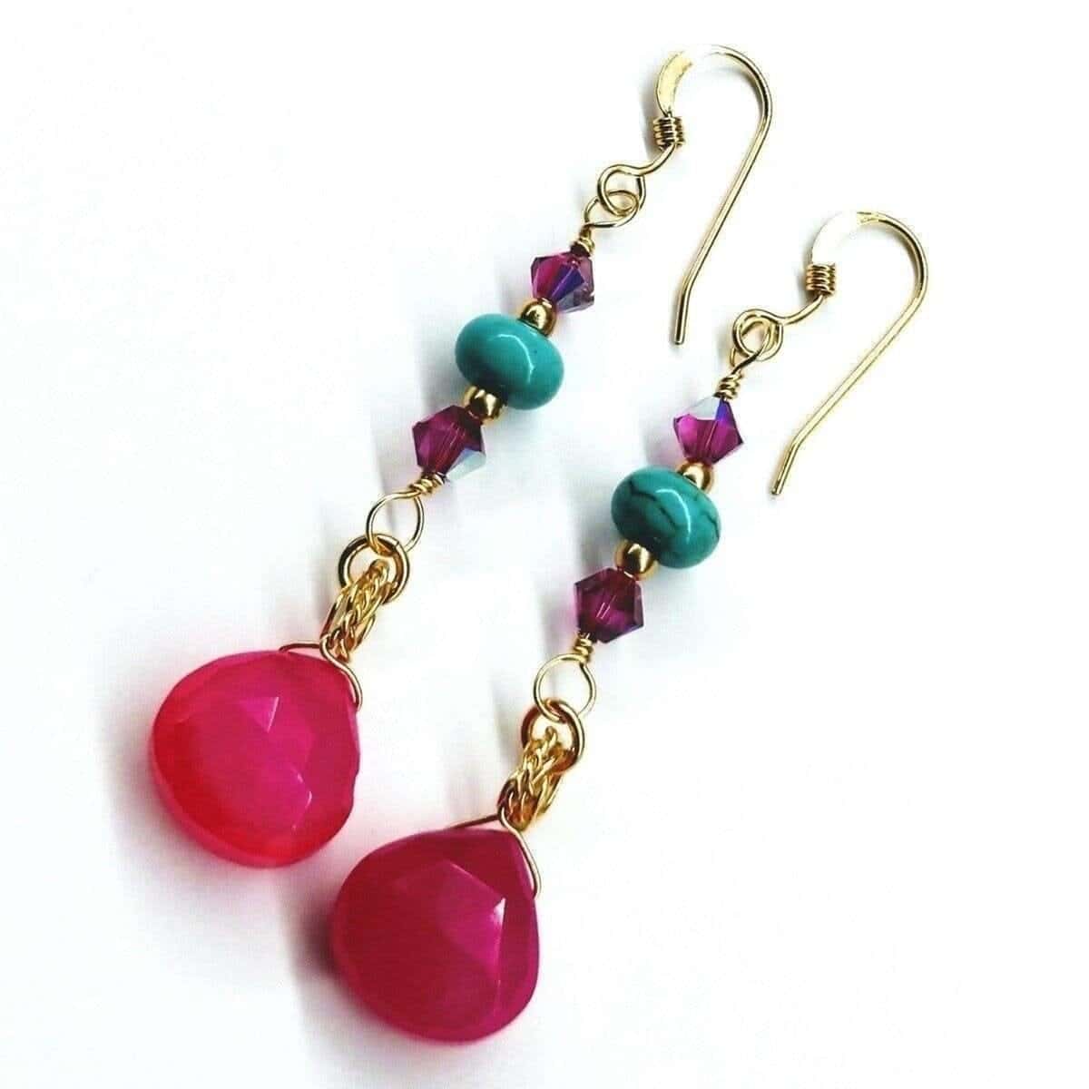 Gold Filled Wire Wrapped Pink Turquoise Gemstone Earrings - - Earrings