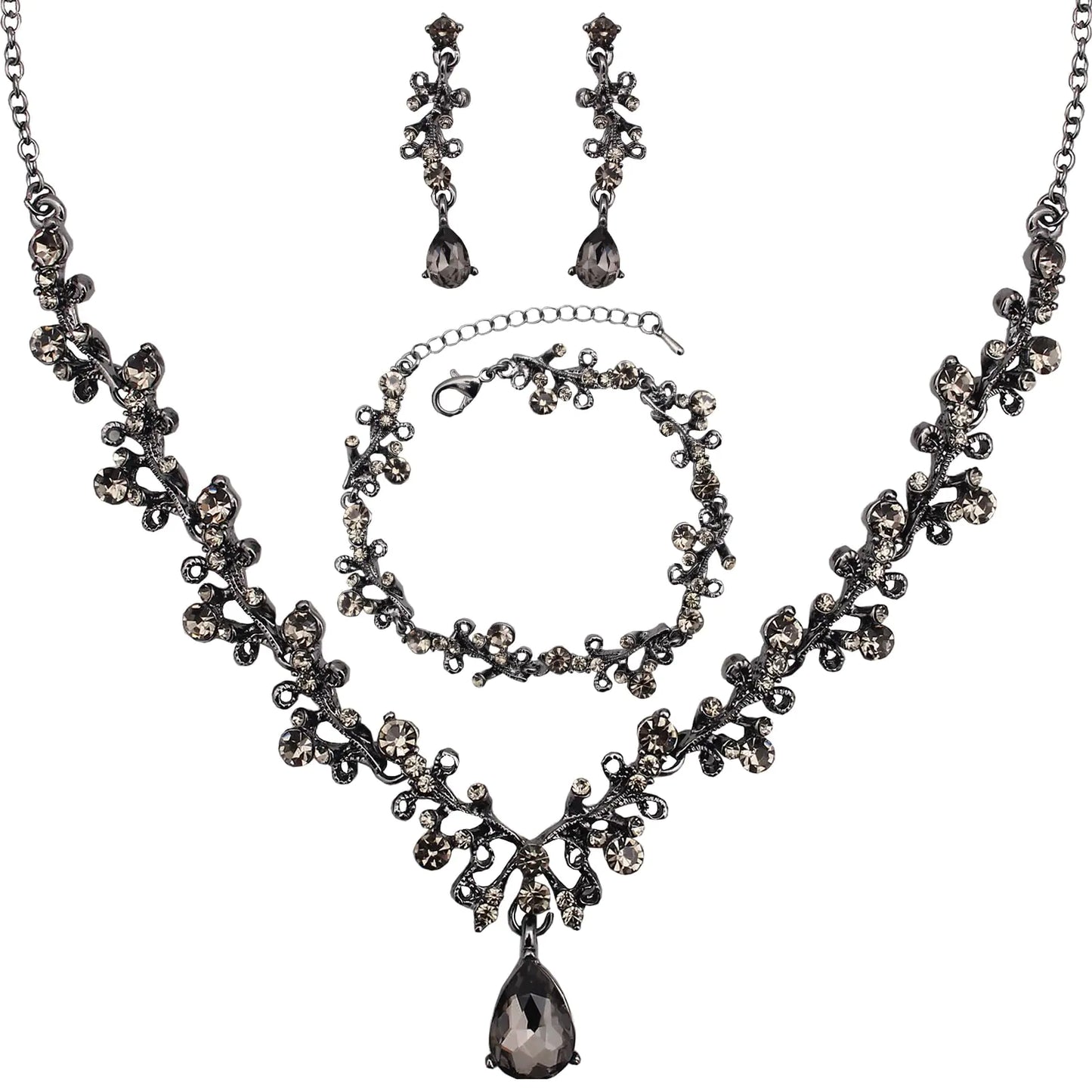 3Pcs Austrian Crystal Jewelry Set for Women Necklace Dangle Earrings Link Bracelet Jewelry Set with Gold/Platinum/Gun Plated Wedding Party Jewelry for Bridal Bridesmaid (Black Diamond-Jet)