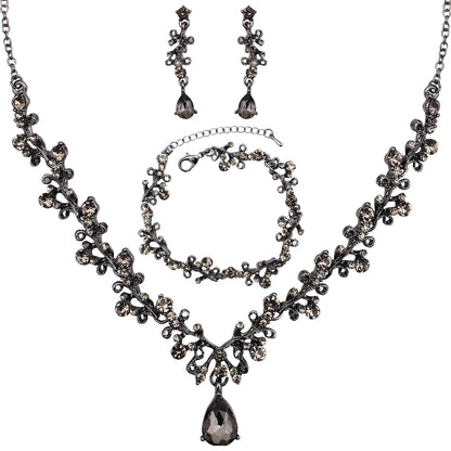 3Pcs Austrian Crystal Jewelry Set for Women Necklace Dangle Earrings Link Bracelet Jewelry Set with Gold/Platinum/Gun Plated Wedding Party Jewelry for Bridal Bridesmaid (Black Diamond-Jet)