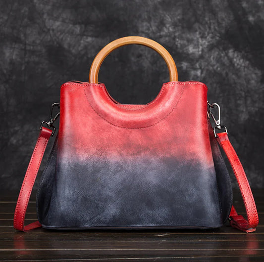 Genuine Leather Womens Handbag Crossbody Bag - Retro Black red - handbag