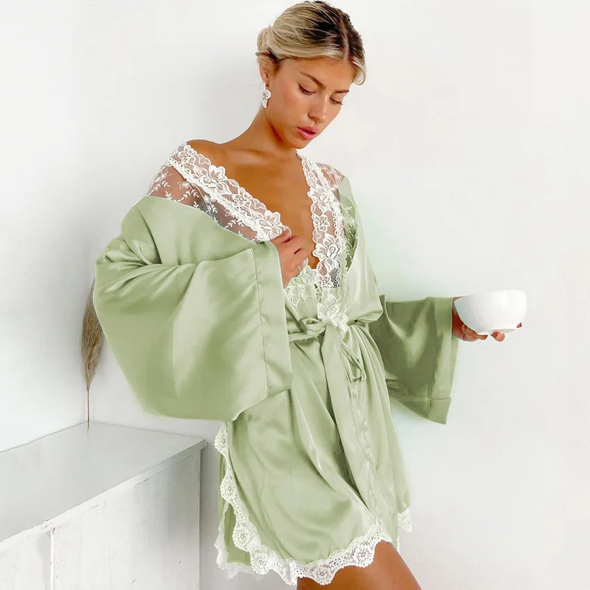 Ladies Lace Patchwork Thin Cardigan Strap Light Green Pajamas Kia Day Design