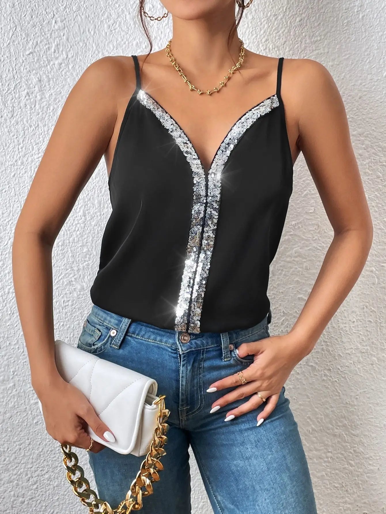 2023 Summer New Solid Color Sexy v -Neck Sequins Satin Temperament Leisure Woman Female Suspender Top Vest Kia Day Design