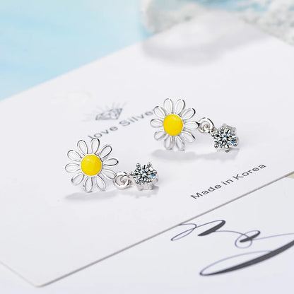 Yellow and White Daisy Dangle Earrings Zircon Dangle Enamel Flower Kia Day Design