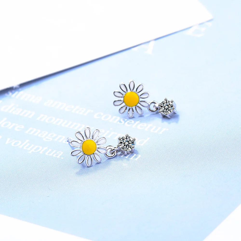 Yellow and White Daisy Dangle Earrings Zircon Dangle Enamel Flower Kia Day Design