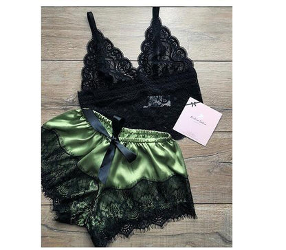 Lingerie Two Piece Women Pajamas Sleepwear Green