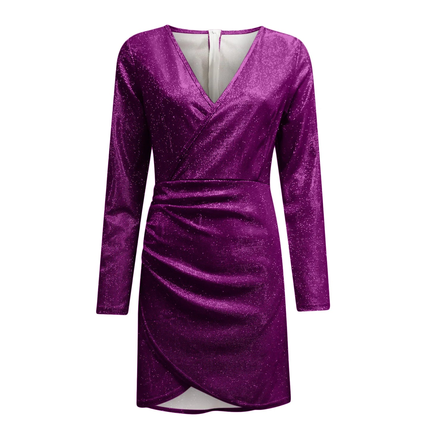 Women Sequined Solid Color V-Neck Long Sleeve Irregular Pencil Short Dress Kia Day Design