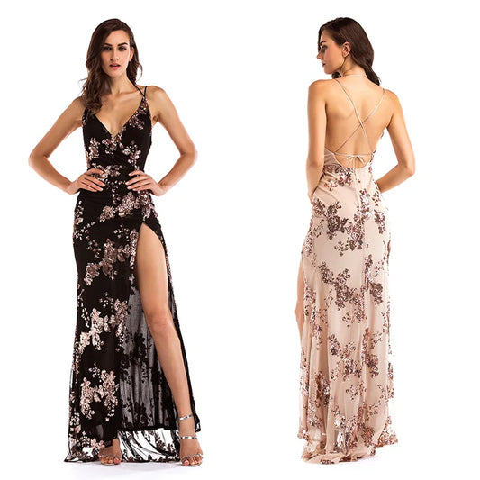 Summer Halter Sequin Deep V-Neck Slit Floor-Length Evening Dress Kia Day Design