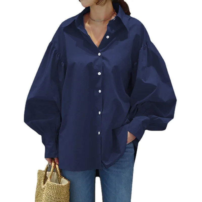 Casual Lantern Sleeve Lapel Top Solid Color Womens Shirt Kia Day Design