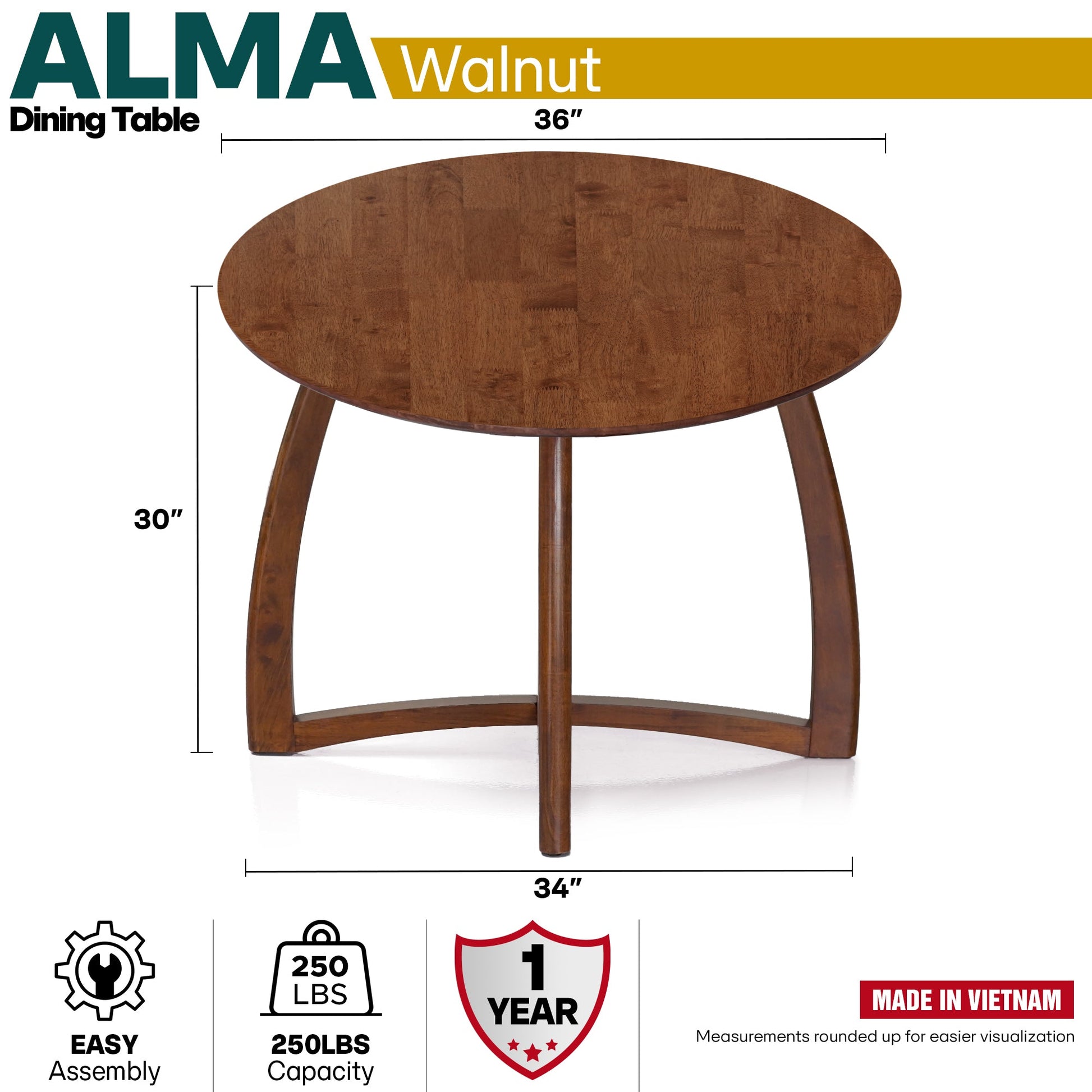 Alma 36 Inches Round Dining Table for 4, Mid-Century Modern Kitchen & Dining Room Tables - - Table