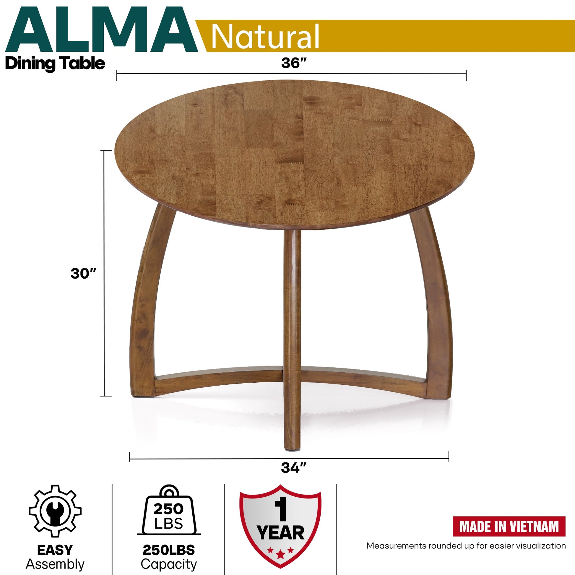 Alma 36 Inches Round Dining Table for 4, Mid-Century Modern Kitchen & Dining Room Tables - - Table