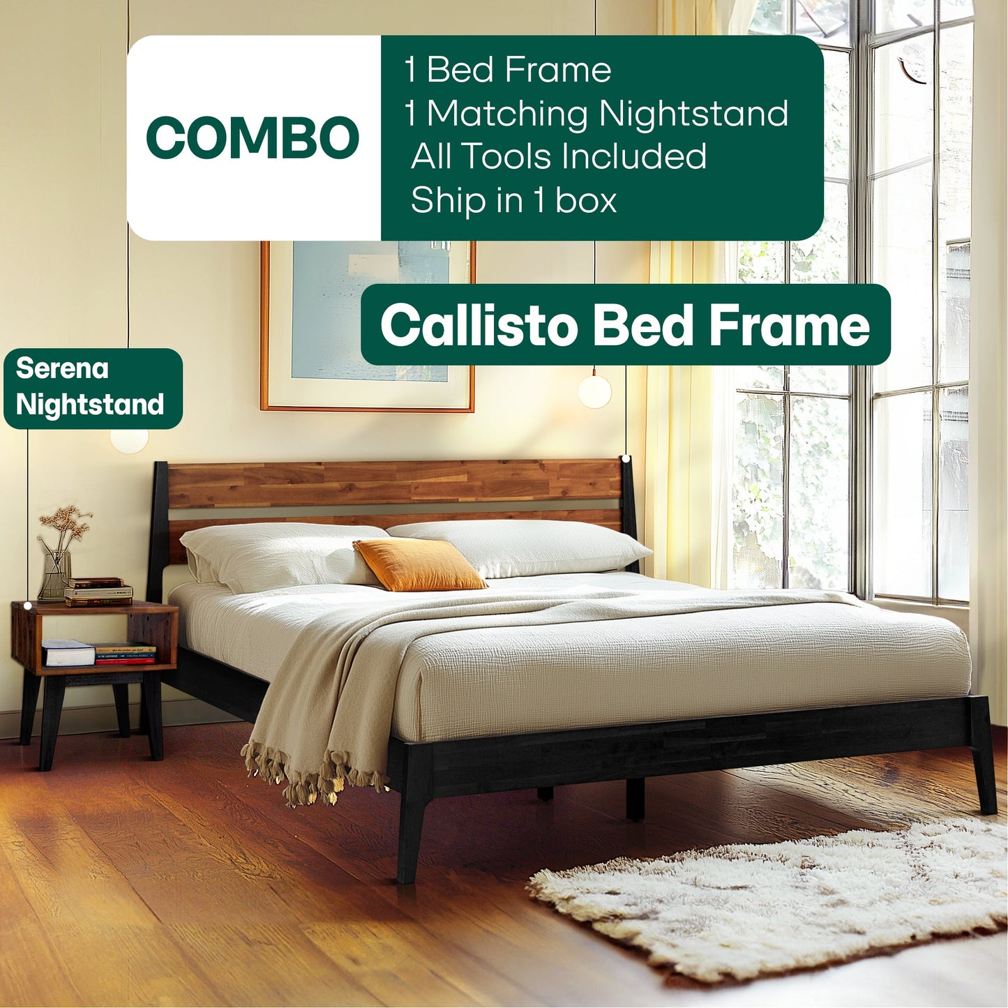[Buy 1 Get 1] Callisto Solid Wood Bed Frame and Nightstand - - Bedroom Set