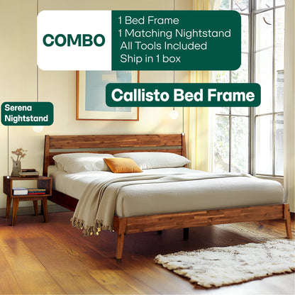 [Buy 1 Get 1] Callisto Solid Wood Bed Frame and Nightstand - - Bedroom Set