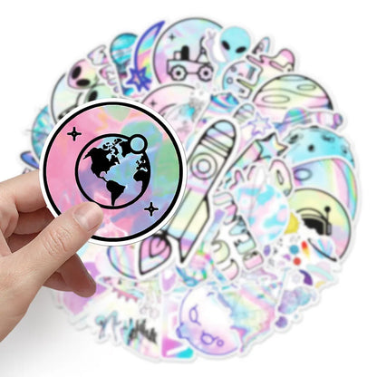 10/30/50pcs Holographic Laser Alien Outer Space Cartoon Stickers DIY Laptop Luggage Skateboard Phone Cool Sticker for Kids Toy- Perfecsy- {{Product type}}