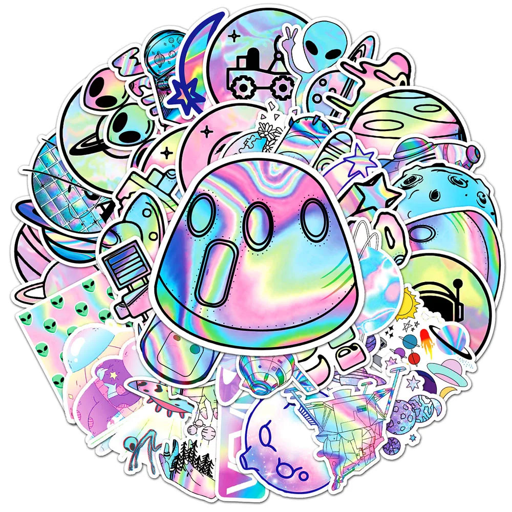 10/30/50pcs Holographic Laser Alien Outer Space Cartoon Stickers DIY Laptop Luggage Skateboard Phone Cool Sticker for Kids Toy- Perfecsy- {{Product type}}