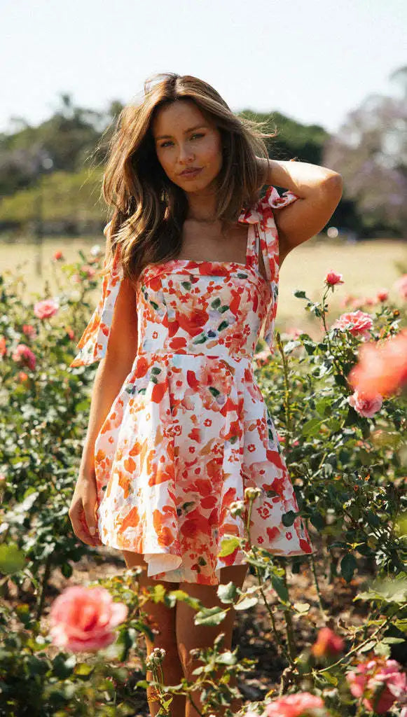 Summer Casual Floral Cotton Woman Zip Up Strap Square Neck Waist a Line Sundress Kia Day Design