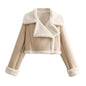 Women Leather Long Sleeve Short Jacket Beige