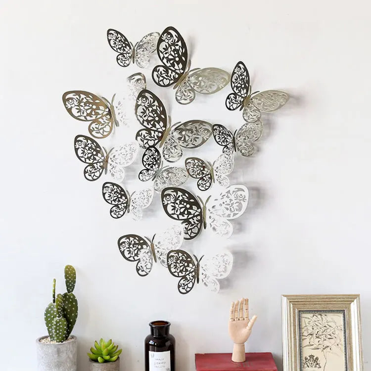 12pcs set 3D Hollow Butterflies Wall Stickers Silver