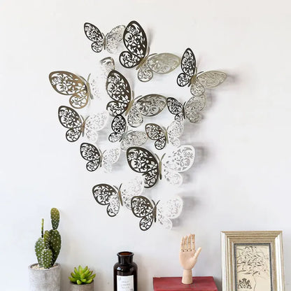 12pcs set 3D Hollow Butterflies Wall Stickers Silver