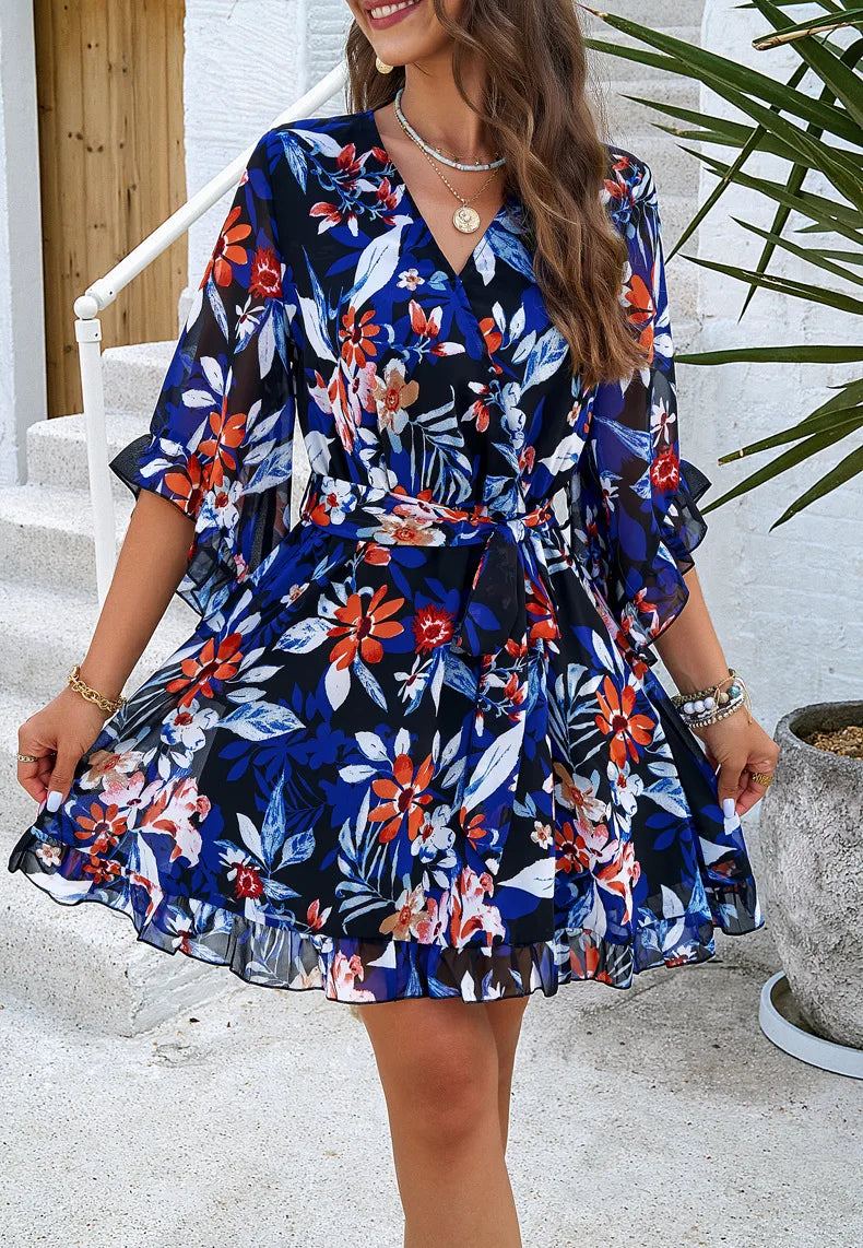 Spring Summer Floral v Neck Short Mini Dress Kia Day Design