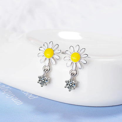 Yellow and White Daisy Dangle Earrings Zircon Dangle Enamel Flower Kia Day Design