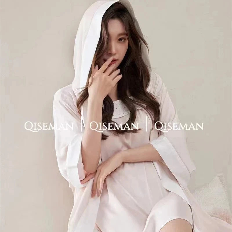 Summer Satin Pajamas and Hooded Silk Robe Sleepwear Kia Day Design