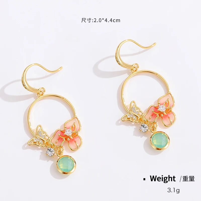 Women Copper Real Gold-Plated Pink Enamel Flower Earrings Kia Day Design