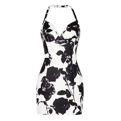 Halter Backless Sleeveless V-Neck Floral Cloth Women Slim Fitted Mini Dress Kia Day Design