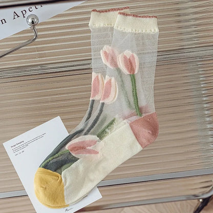 Women Fashion Breathable Summer Thin Transparent Sheer Socks Kia Day Design