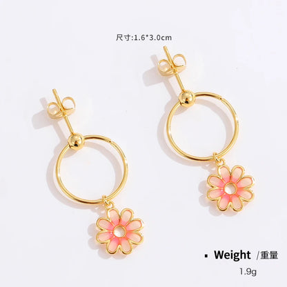 Women Copper Real Gold-Plated Pink Enamel Flower Earrings Kia Day Design