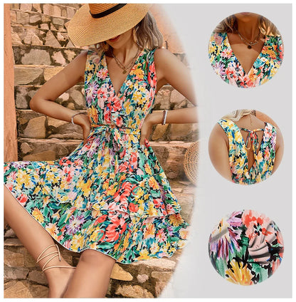 Floral Print Sleeveless V-Neck Collar Ladies Dress Kia Day Design