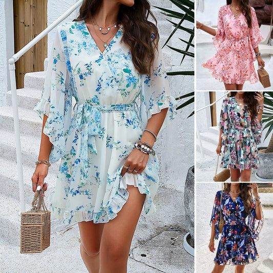 Spring Summer Floral v Neck Short Mini Dress Kia Day Design