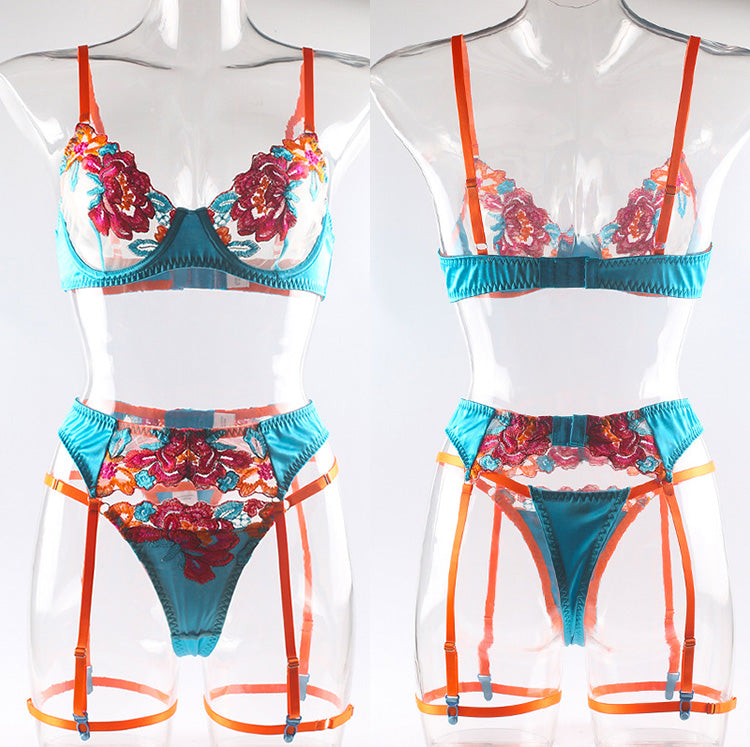 Womens Embroidery Underwire 4 Piece Lingerie Set