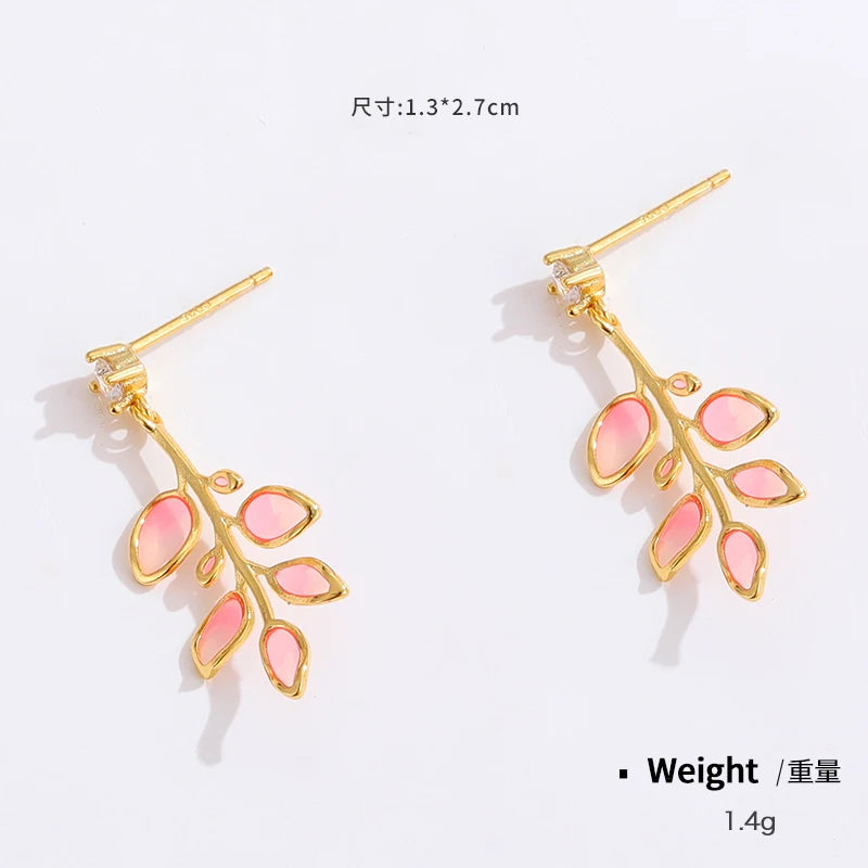 Women Copper Real Gold-Plated Pink Enamel Flower Earrings Kia Day Design