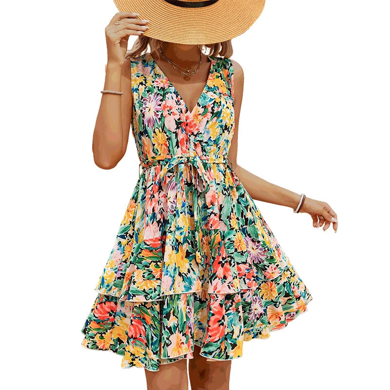 Floral Print Sleeveless V-Neck Collar Ladies Dress Kia Day Design