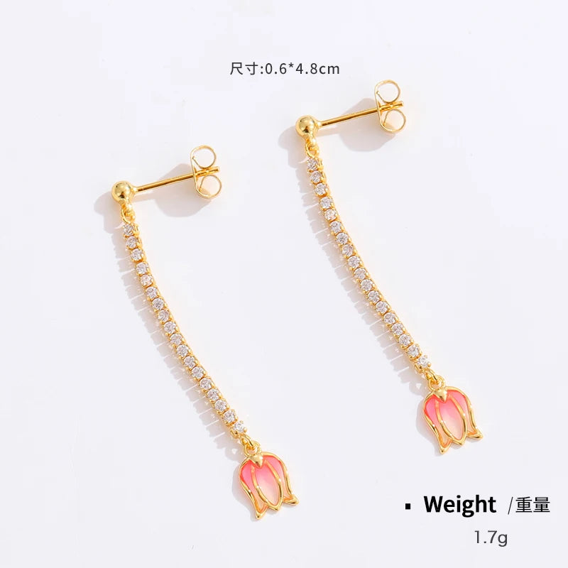 Women Copper Real Gold-Plated Pink Enamel Flower Earrings Kia Day Design