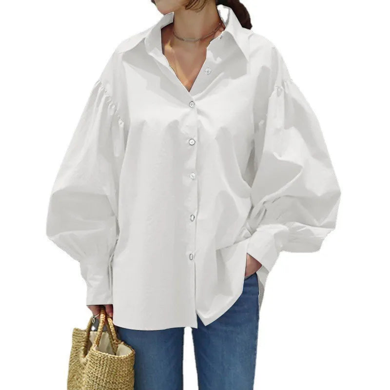 Casual Lantern Sleeve Lapel Top Solid Color Womens Shirt Kia Day Design