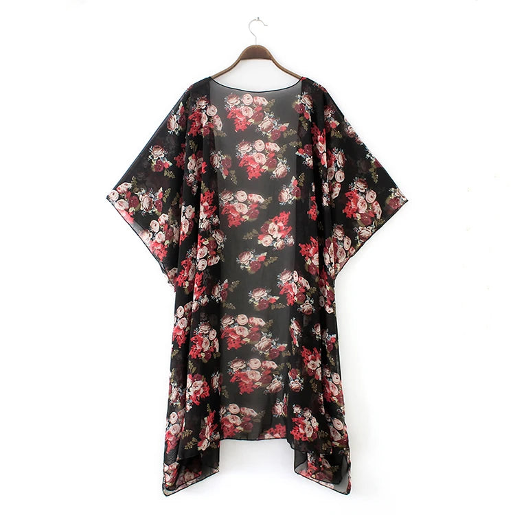 Woman Blouse Floral Print Chiffon Kimono Robe Long Kia Day Design