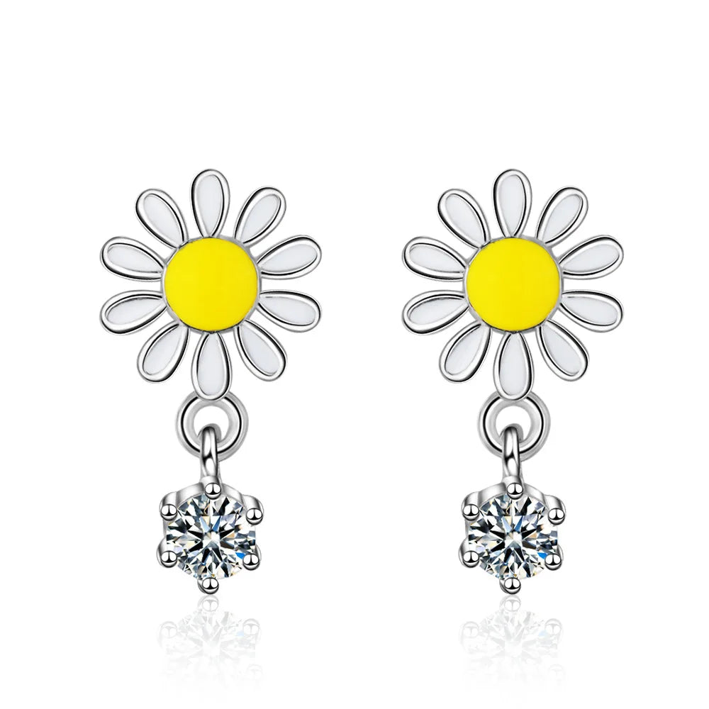 Yellow and White Daisy Dangle Earrings Zircon Dangle Enamel Flower Kia Day Design