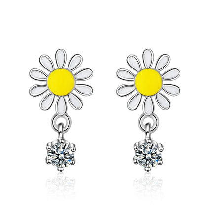 Yellow and White Daisy Dangle Earrings Zircon Dangle Enamel Flower Kia Day Design