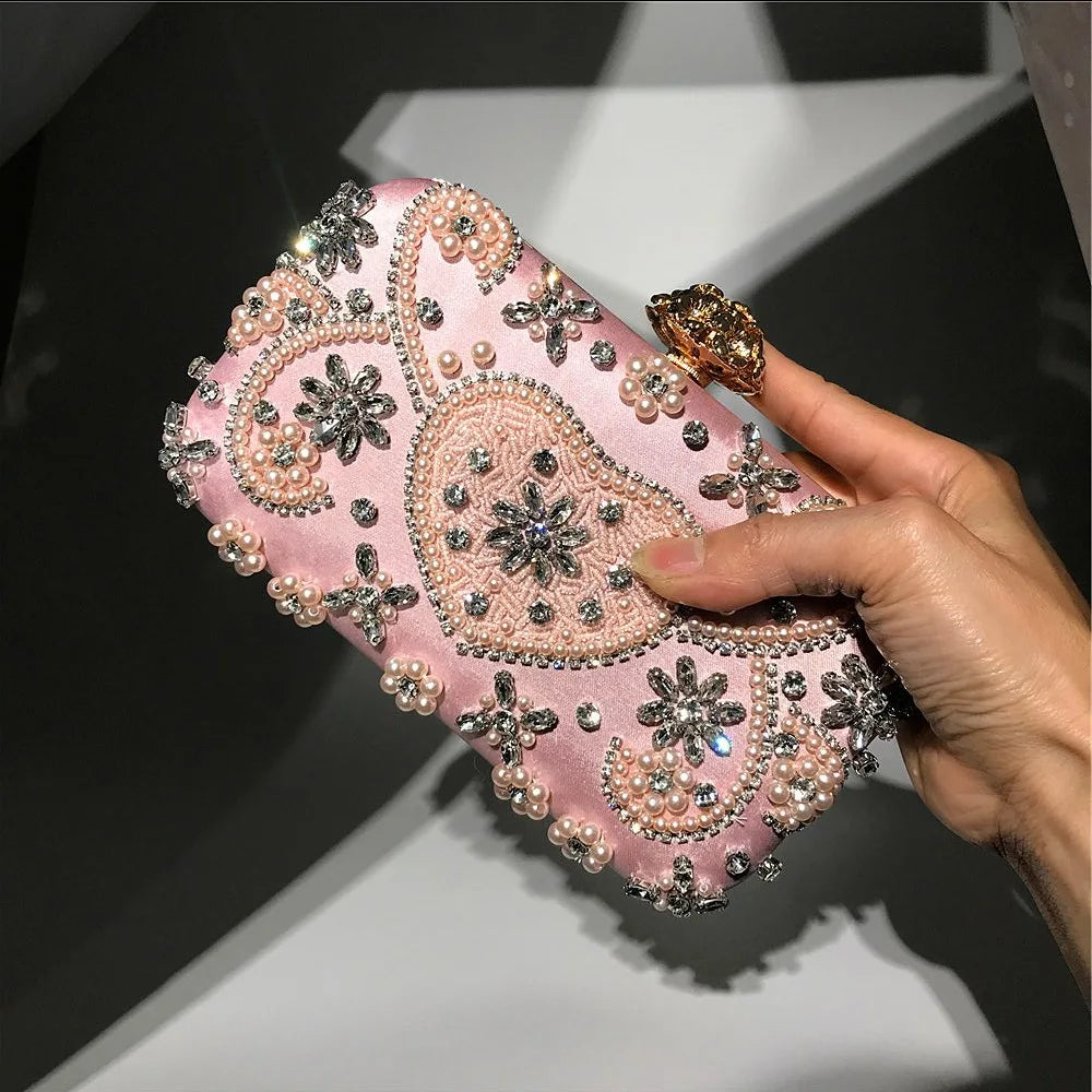 Pink Embroidered Rhinestone Ladies Clutch Purse Kia Day Design